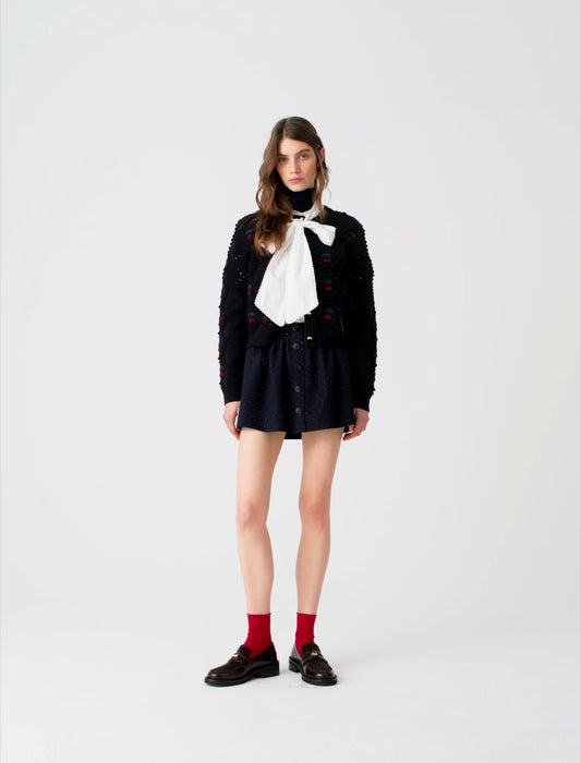 Embroidered cherry cardigan Navy