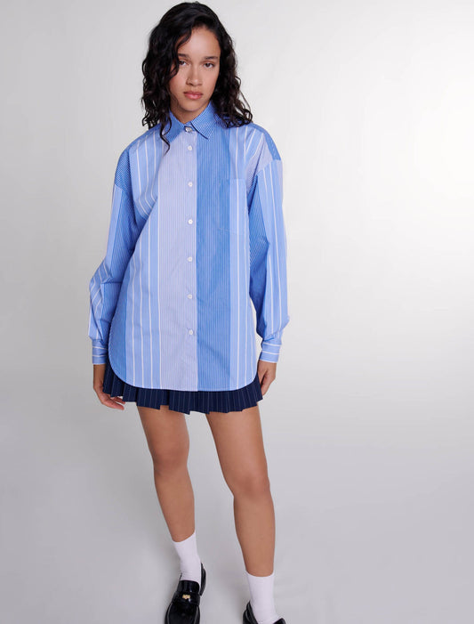 Blue White Stripes  -Striped patchwork shirt