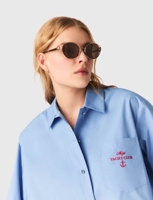 Pleated Back Embroidered Shirt BLUE
