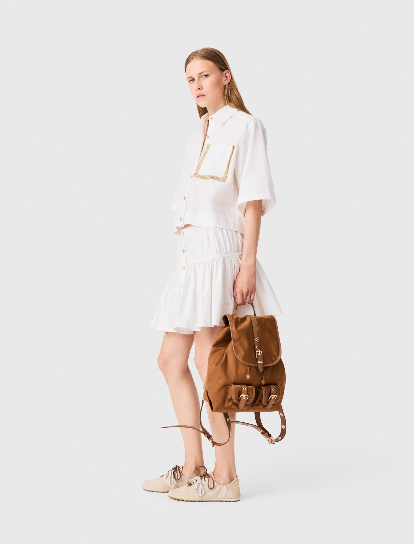Cotton shirt with raffia detail White