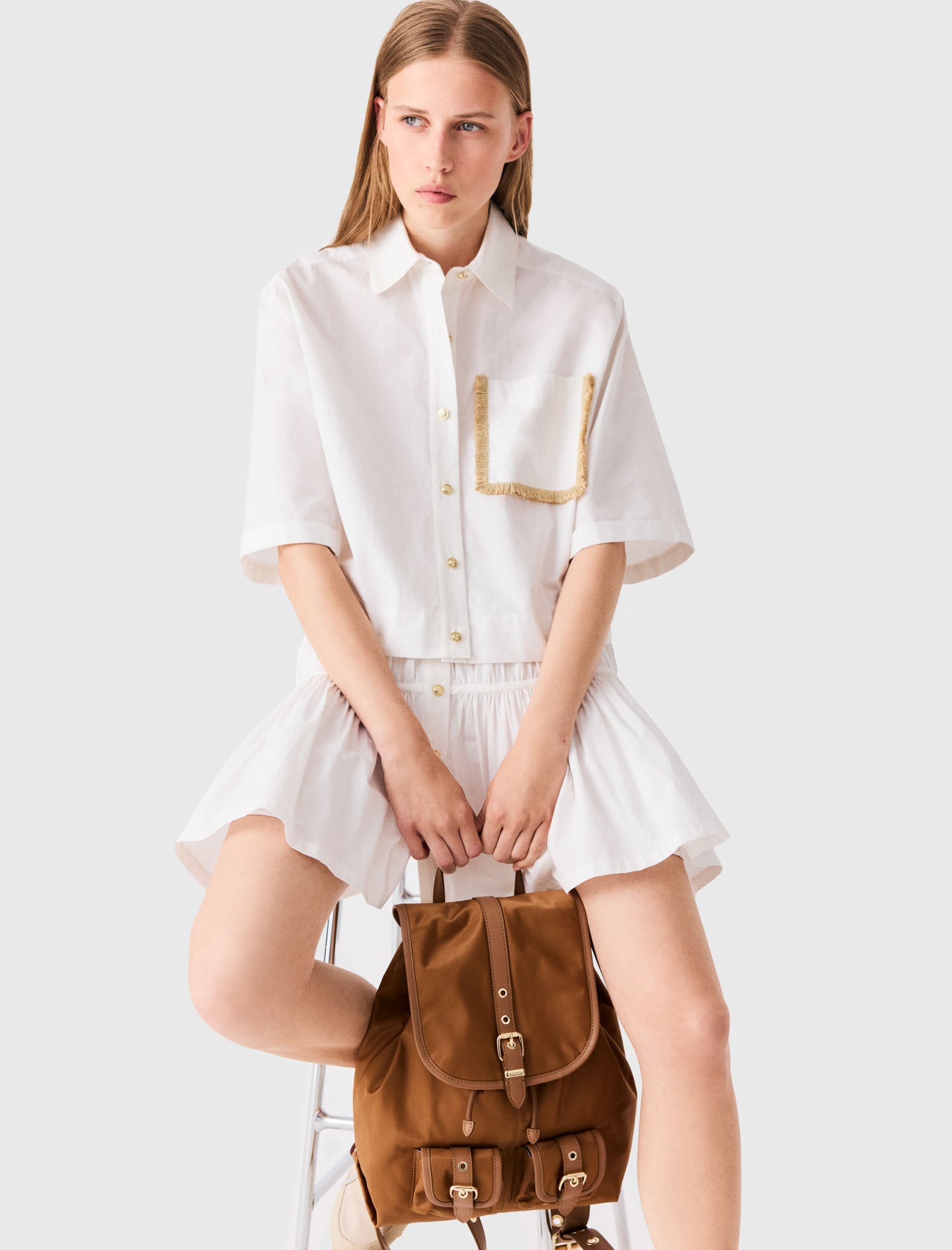 Cotton shirt with raffia detail White