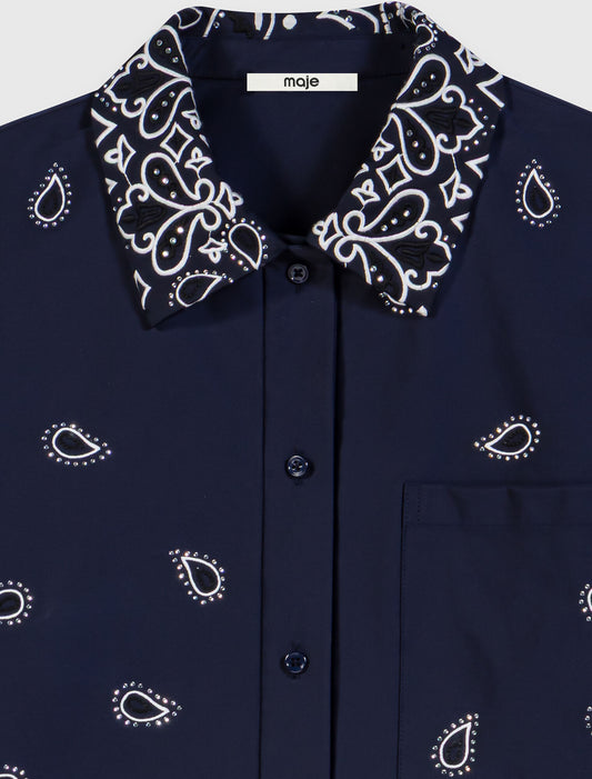 Short embroidered taffeta shirt Navy Bandana Embroidered