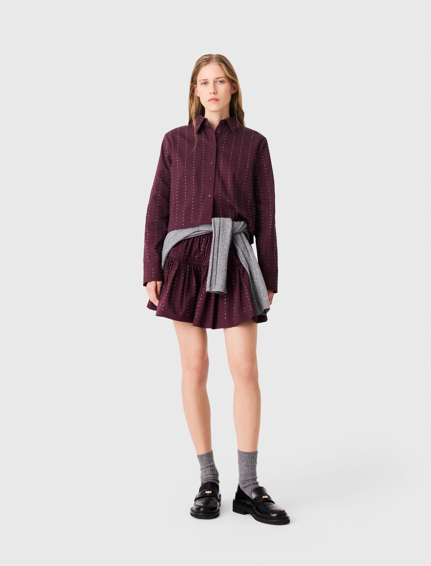 Cropped rhinestone cotton shirt Burgundy