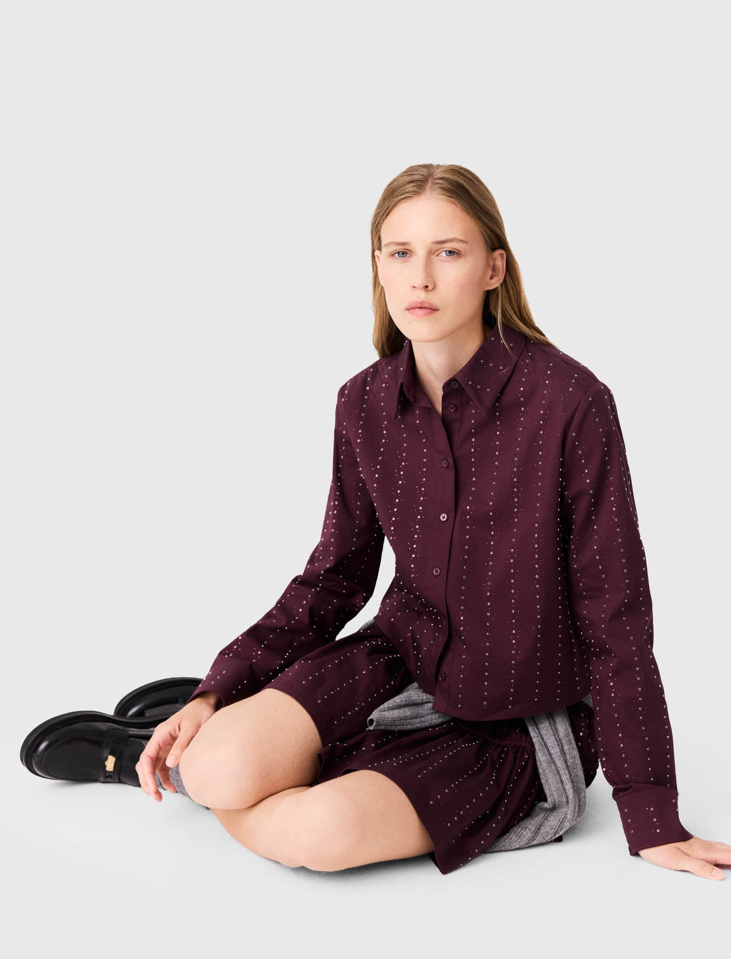 Cropped rhinestone cotton shirt Burgundy