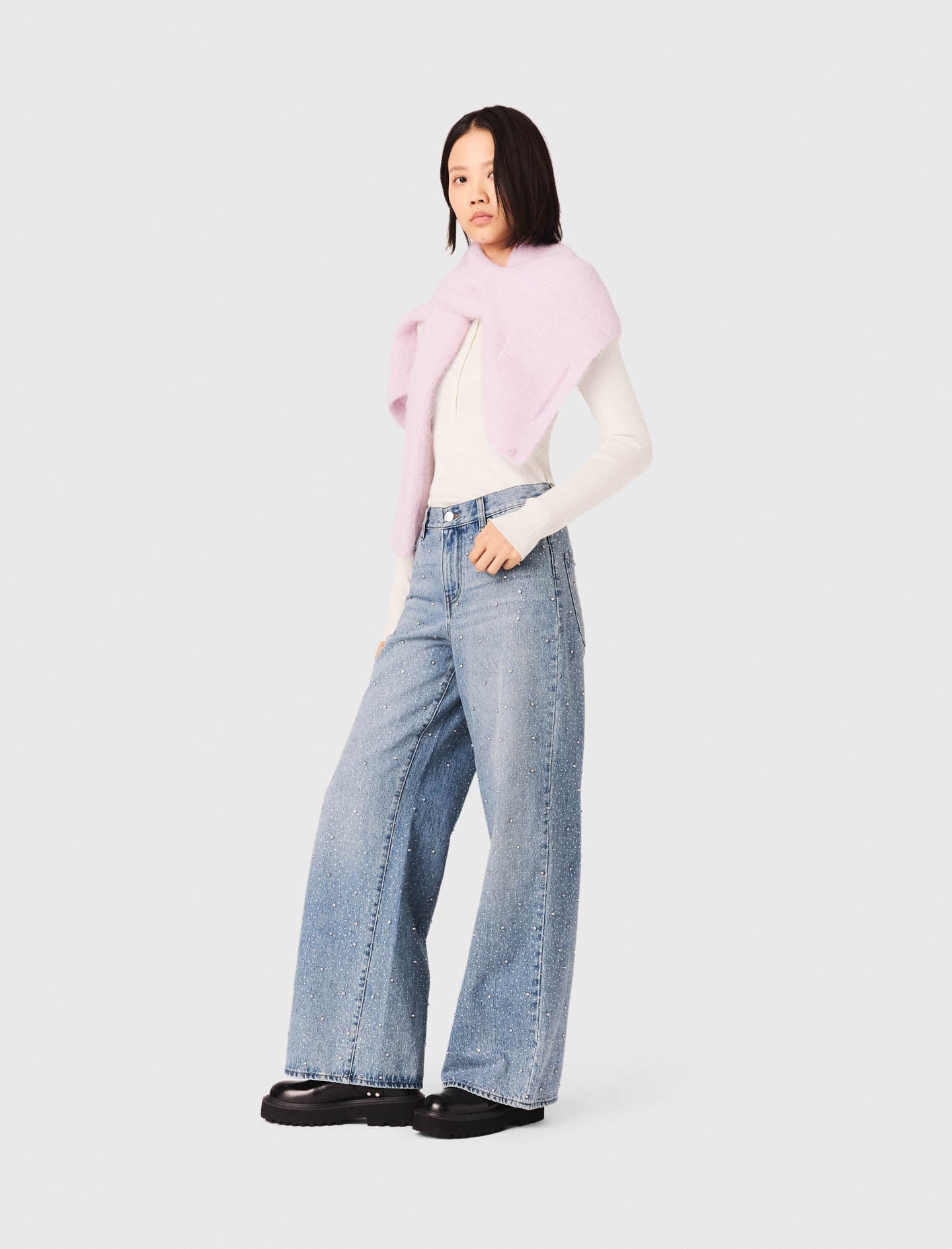 Wide-Leg All-Over Rhinestone Jeans BLUE