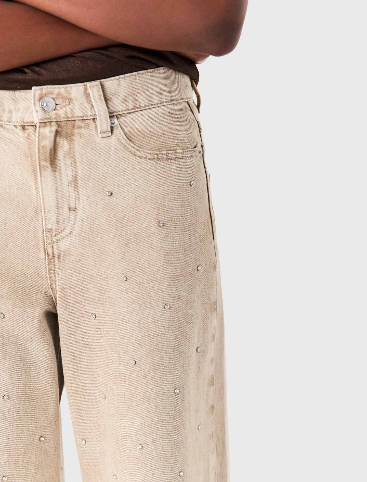 Wide-leg rhinestone jeans Beige
