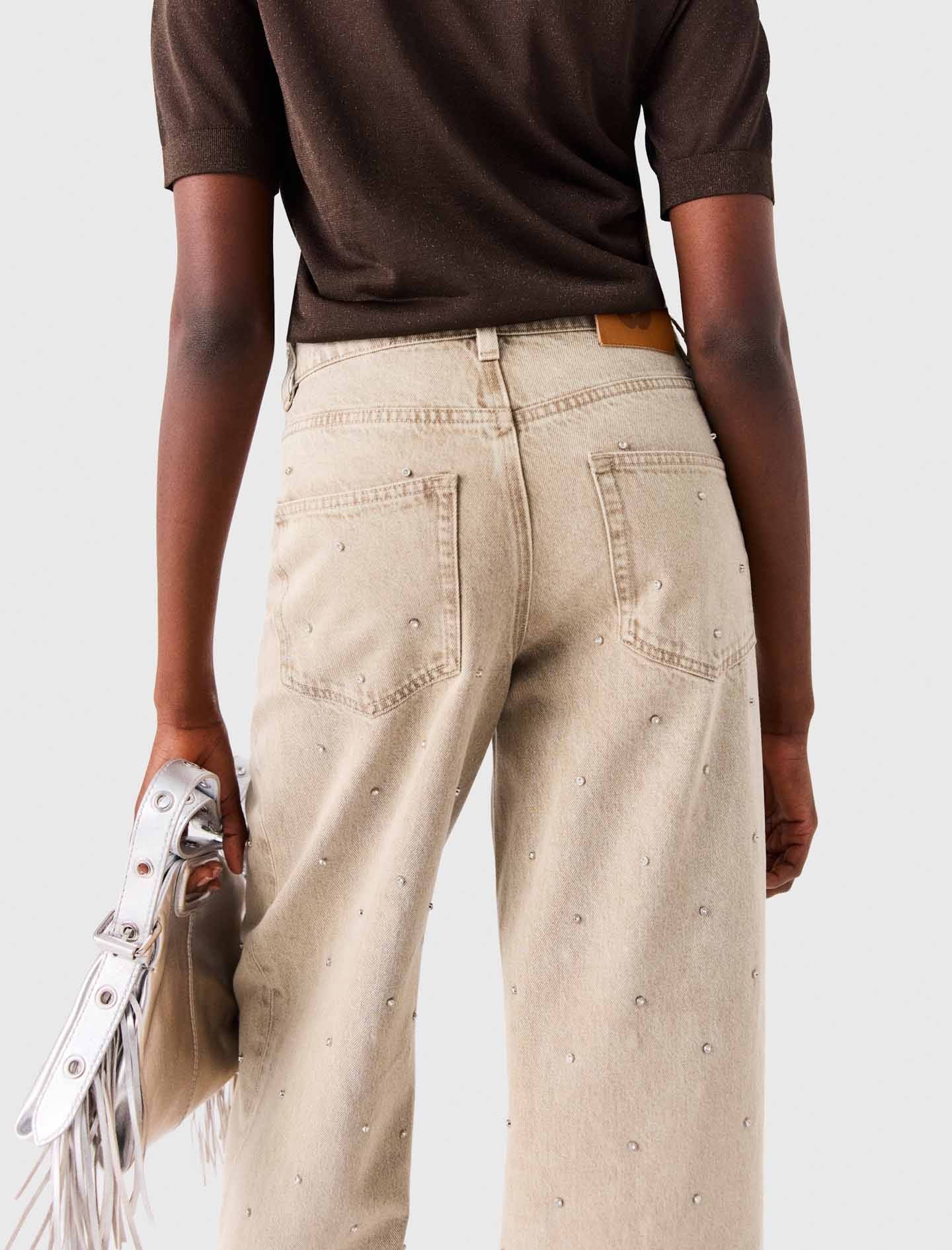 Wide-leg rhinestone jeans Beige