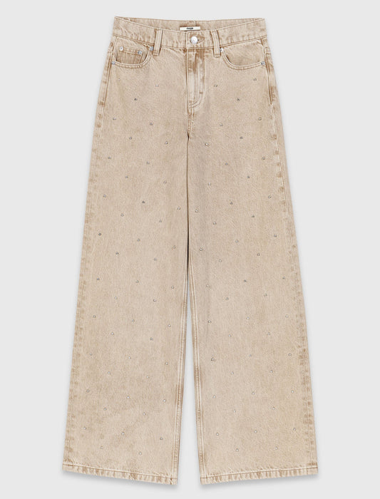 Wide-leg rhinestone jeans Beige
