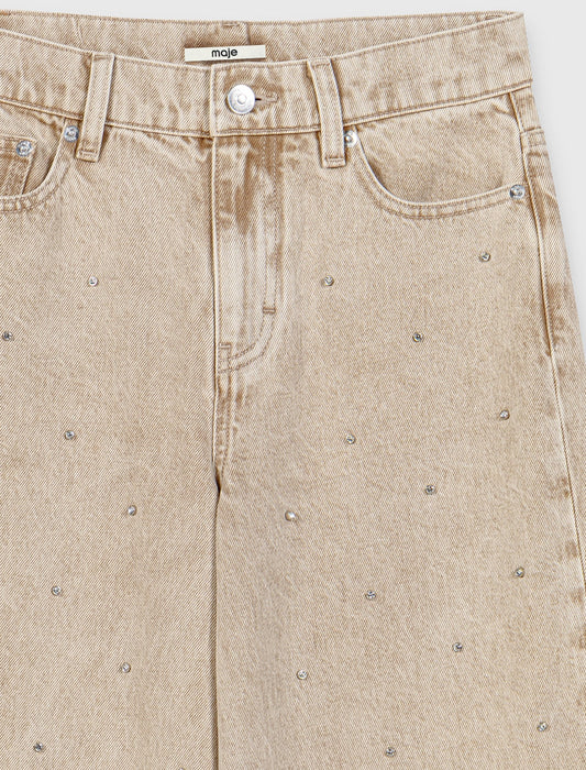 Wide-leg rhinestone jeans Beige