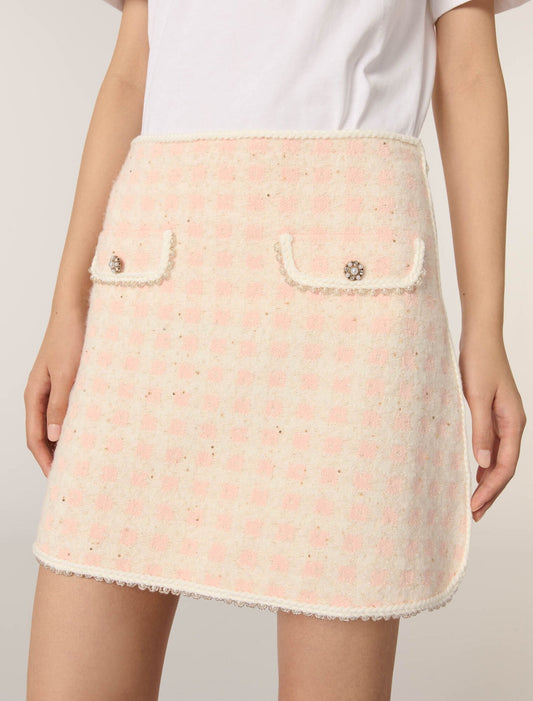 Pink/Ecru Short tweed-effect knit skirt