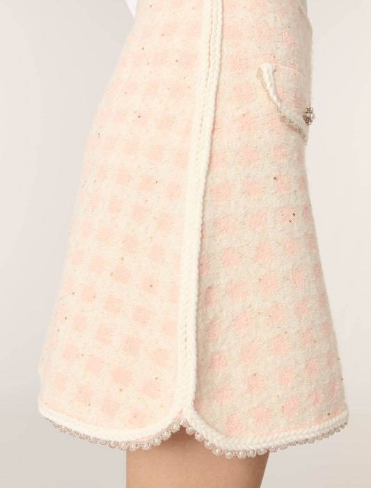Pink/Ecru Short tweed-effect knit skirt