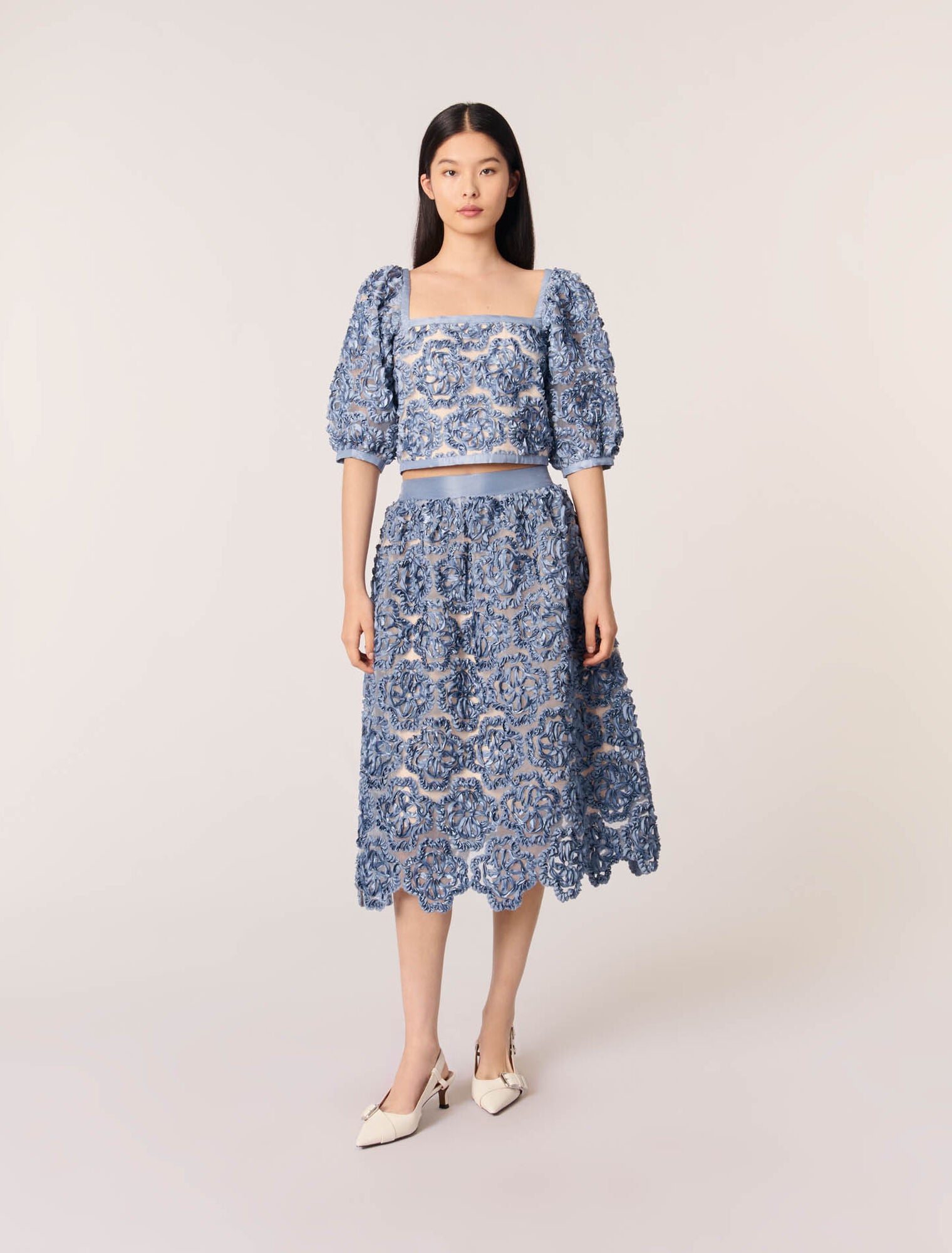 Blue-featured-Floral organza maxi skirt