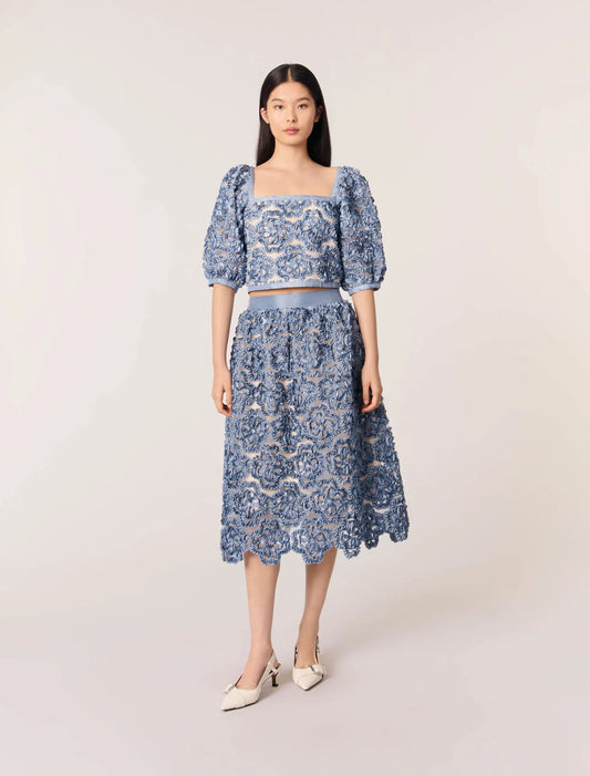 Blue-featured-Floral organza maxi skirt
