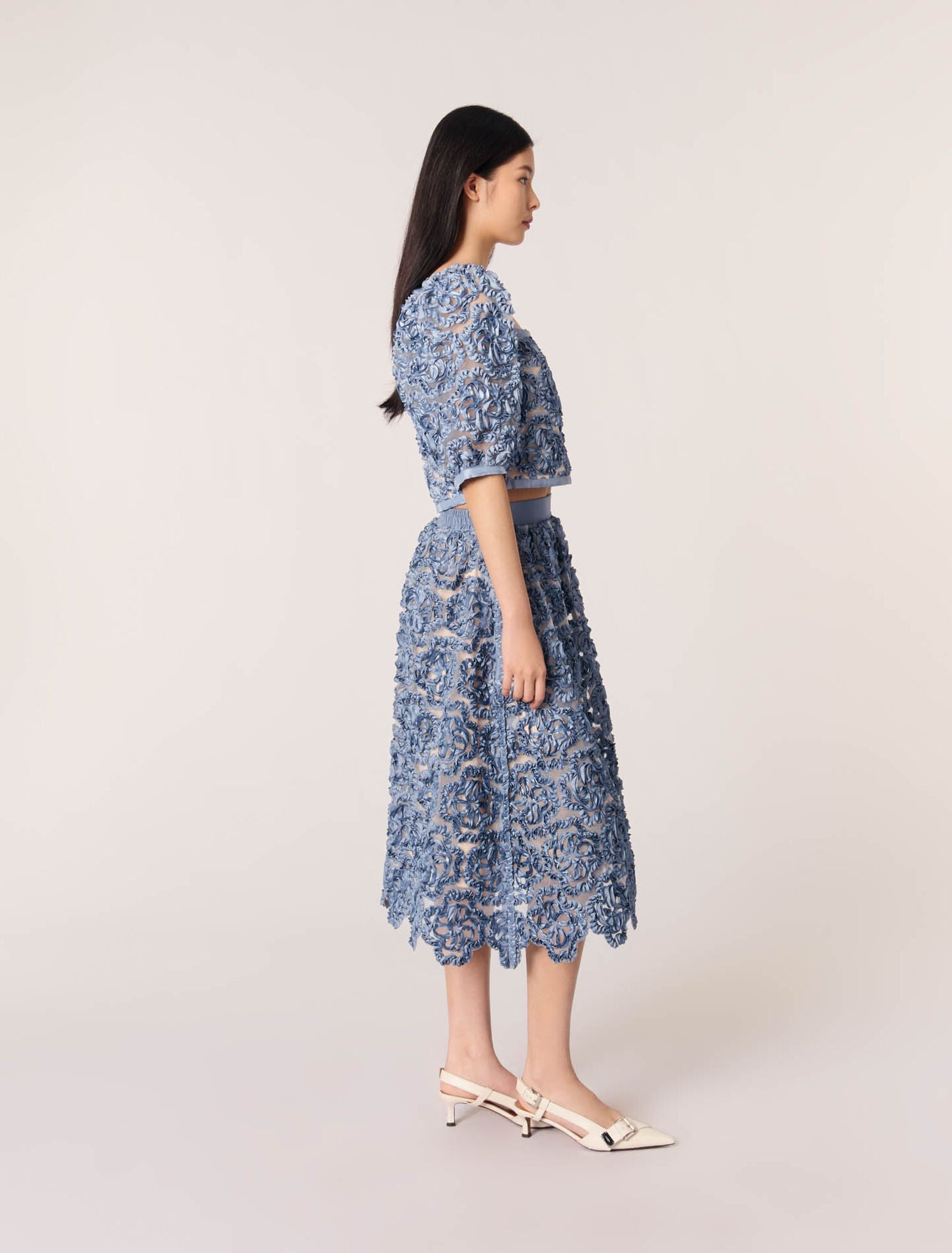 Blue-Floral organza maxi skirt