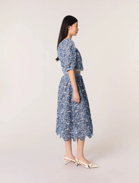 Blue-Floral organza maxi skirt