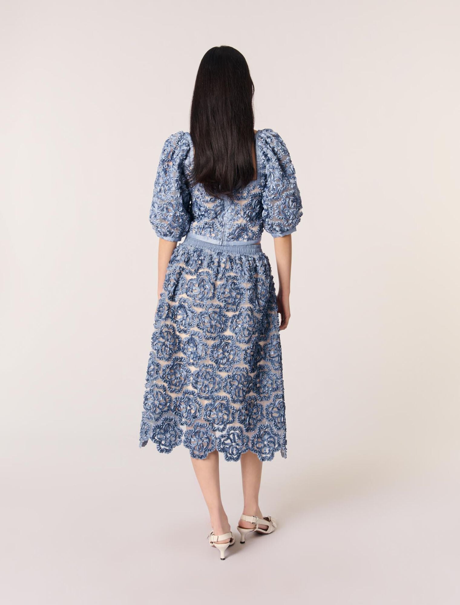 Blue-Floral organza maxi skirt