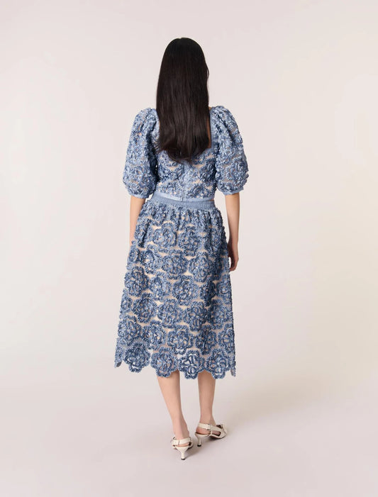 Blue-Floral organza maxi skirt