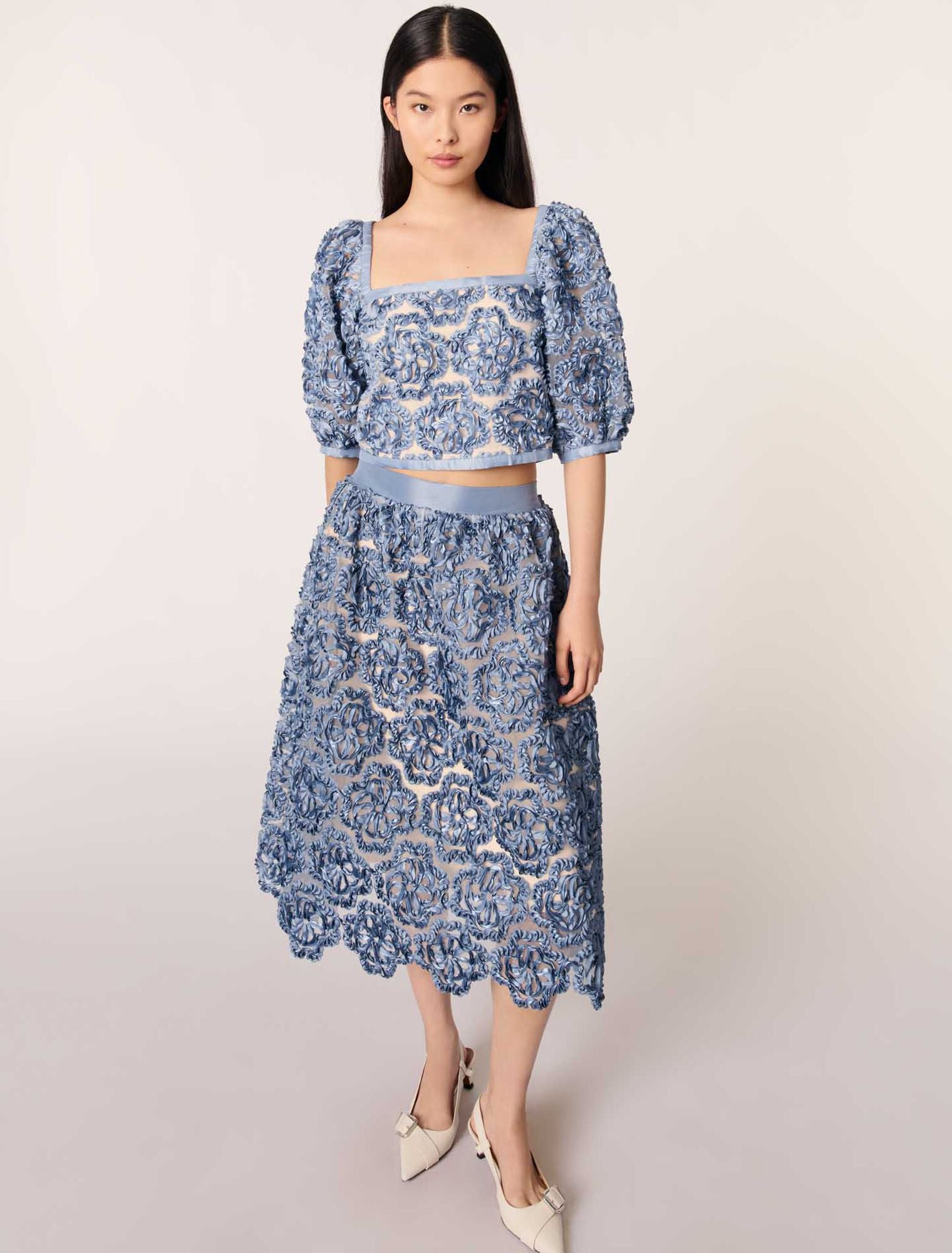 Blue-Floral organza maxi skirt
