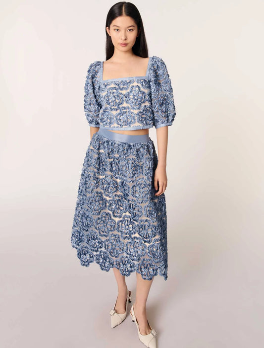 Blue-Floral organza maxi skirt