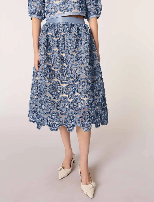Blue-Floral organza maxi skirt