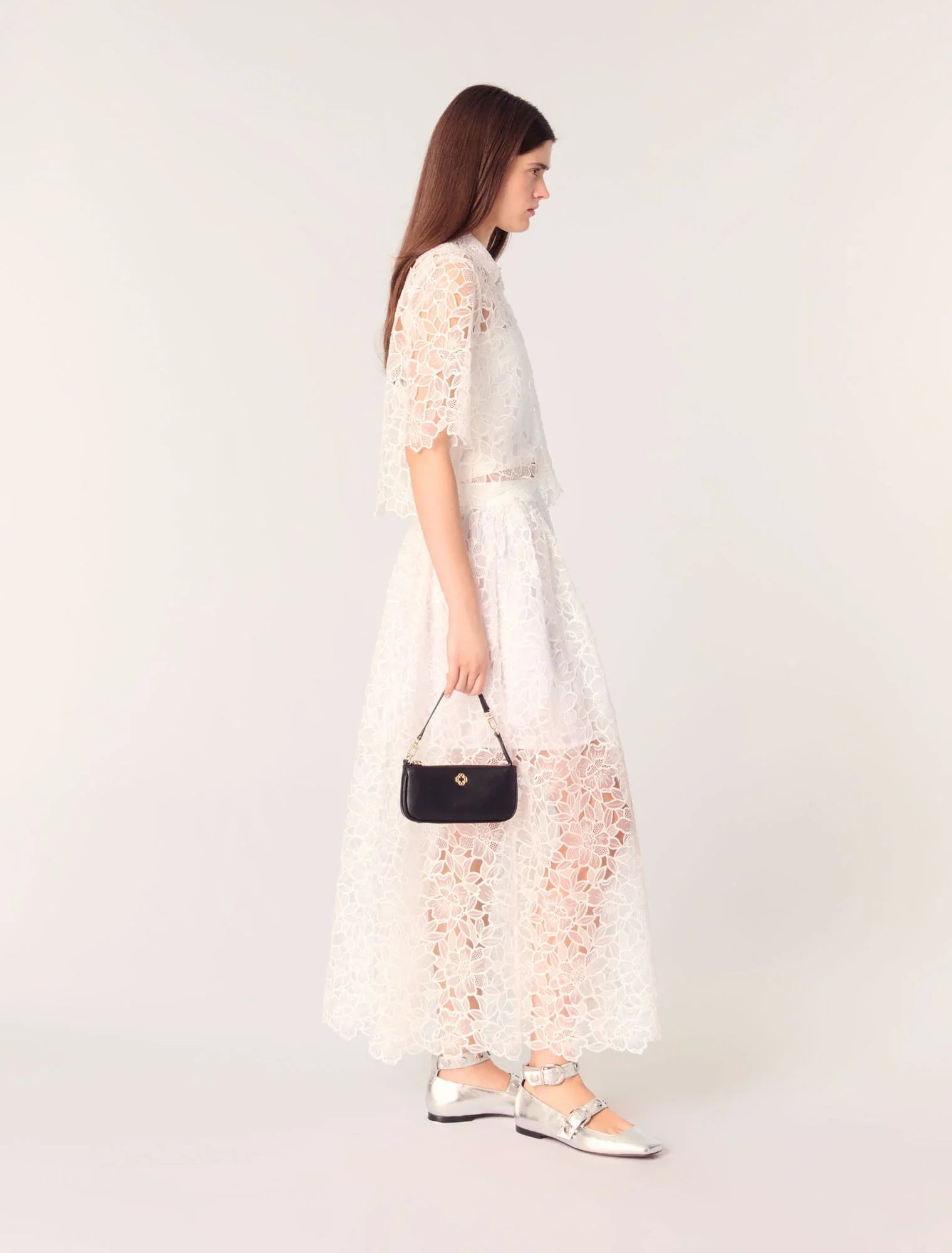 White-Floral Guipure Maxi Skirt