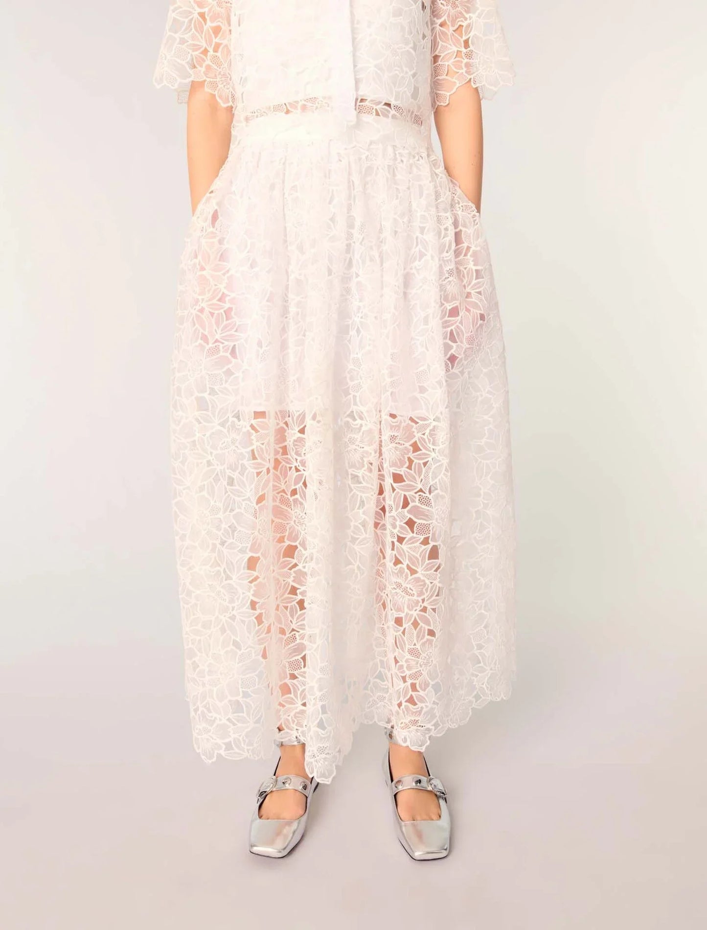 White-Floral Guipure Maxi Skirt