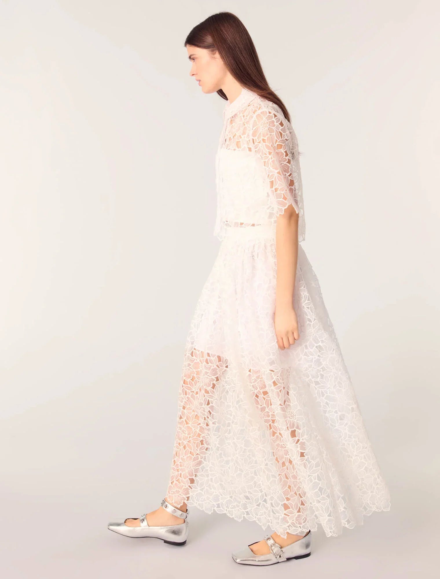 White-Floral Guipure Maxi Skirt