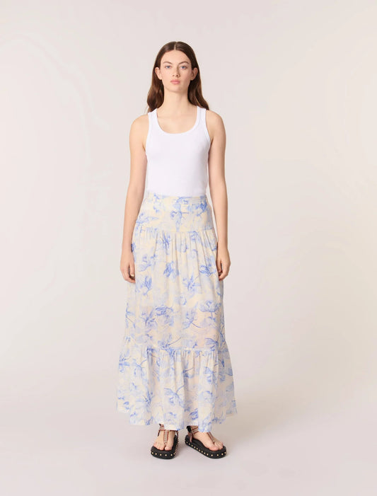 Blue Flower Print Ecru Base-featured-Floral Maxi Skirt
