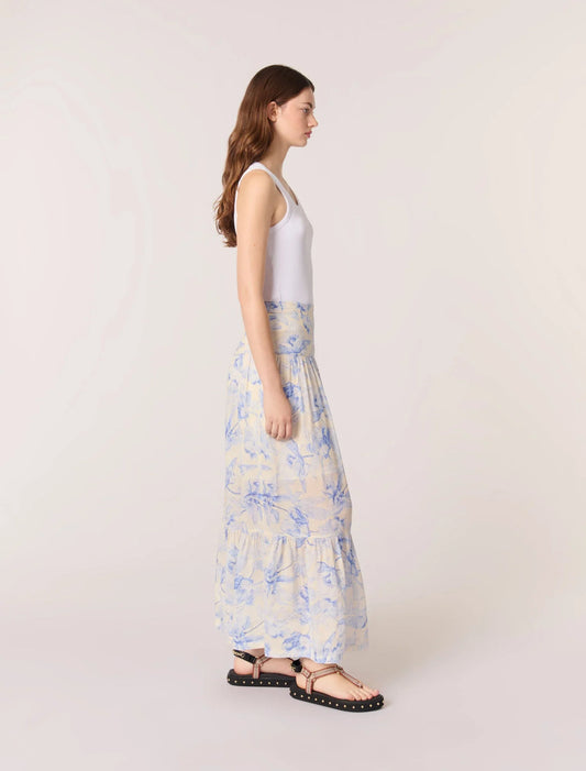 Blue Flower Print Ecru Base-Floral Maxi Skirt