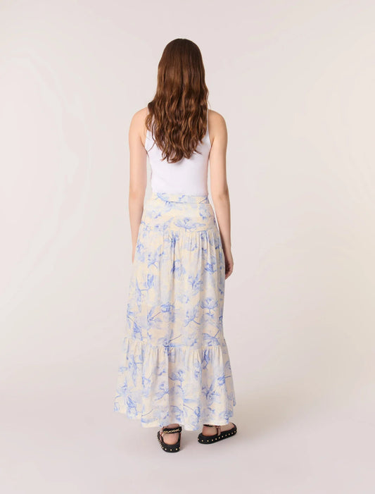 Blue Flower Print Ecru Base-Floral Maxi Skirt