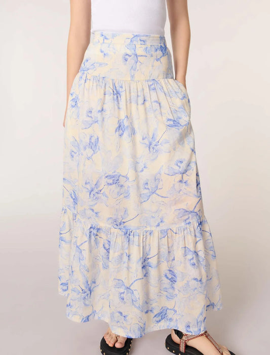 Blue Flower Print Ecru Base-Floral Maxi Skirt