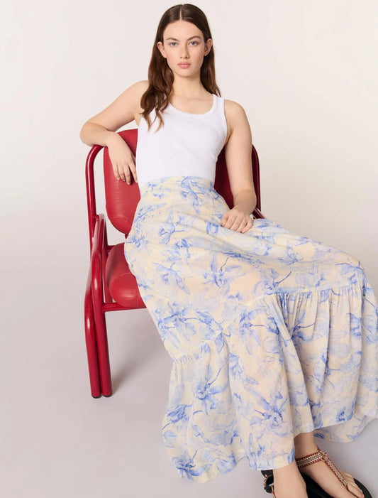 Blue Flower Print Ecru Base-Floral Maxi Skirt