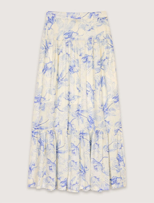 Blue Flower Print Ecru Base-Floral Maxi Skirt