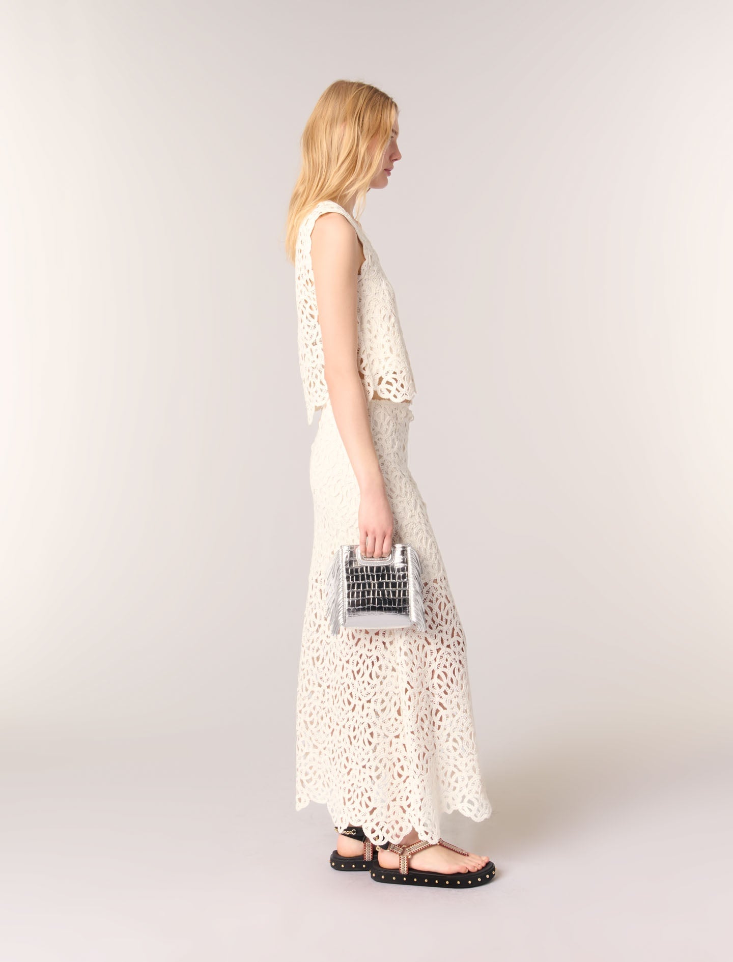 Ecru-Long crochet skirt