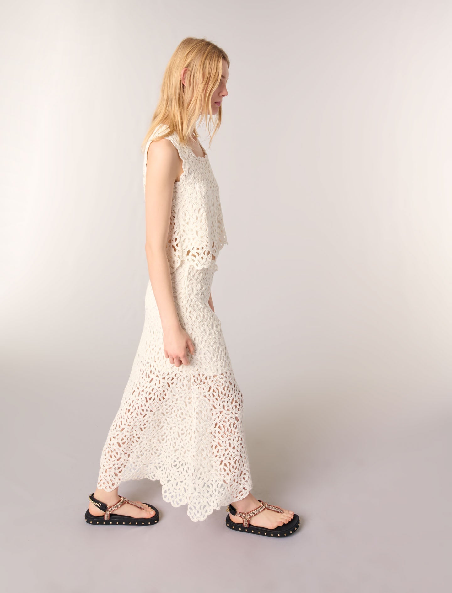 Ecru-Long crochet skirt