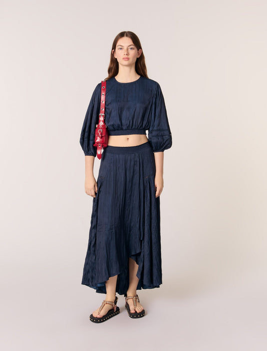 Navy-featured-Satin-Effect Maxi Skirt