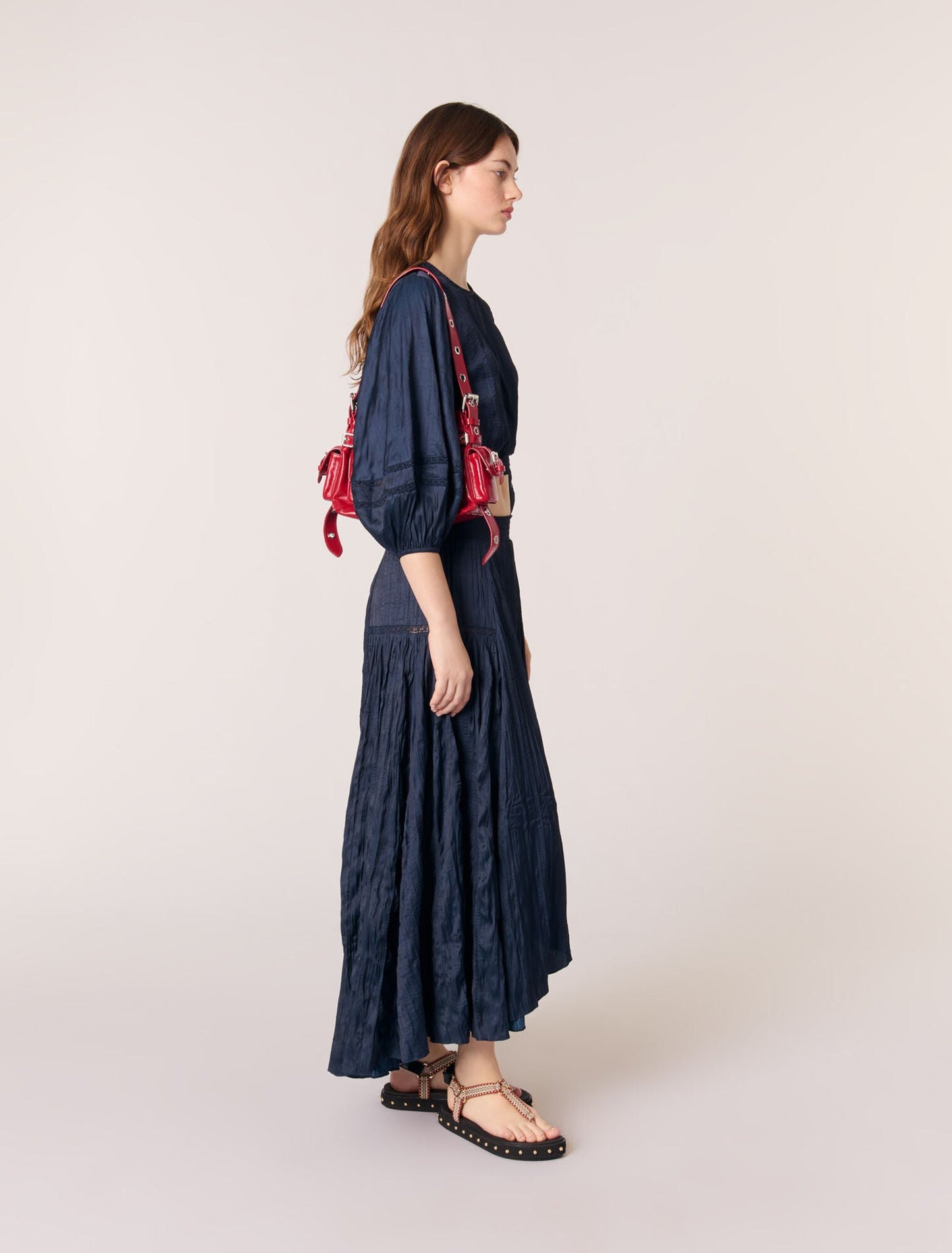 Navy-Satin-Effect Maxi Skirt