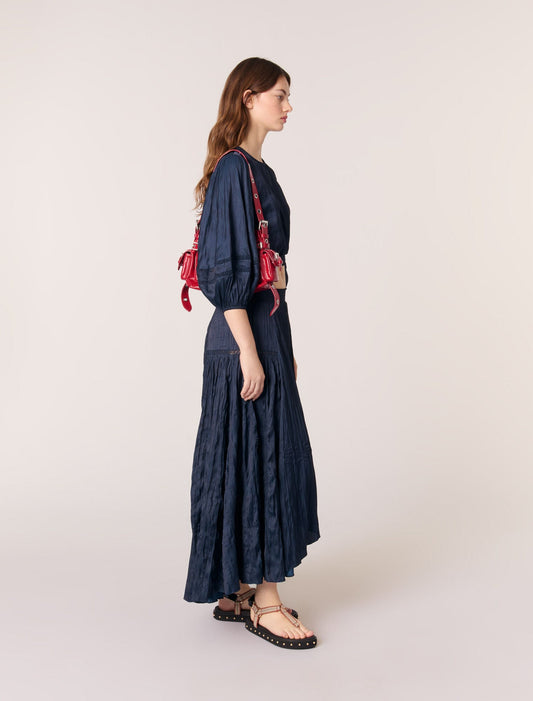 Navy-Satin-Effect Maxi Skirt