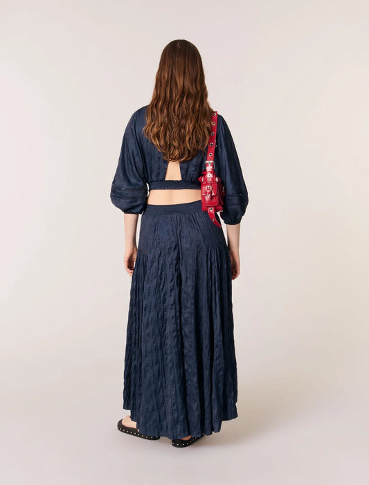 Navy-Satin-Effect Maxi Skirt