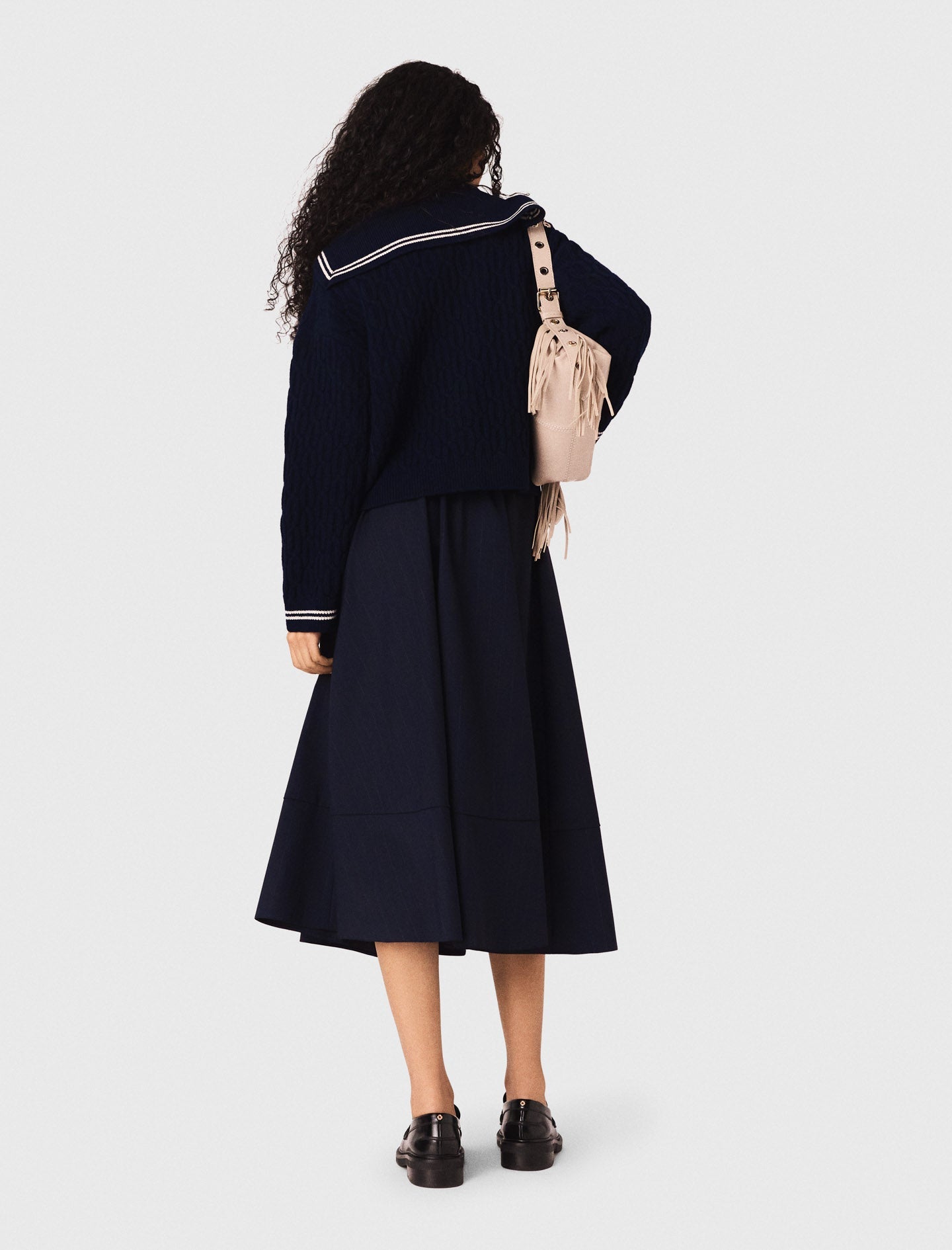 Striped Tailored Midi Skirt NAVY