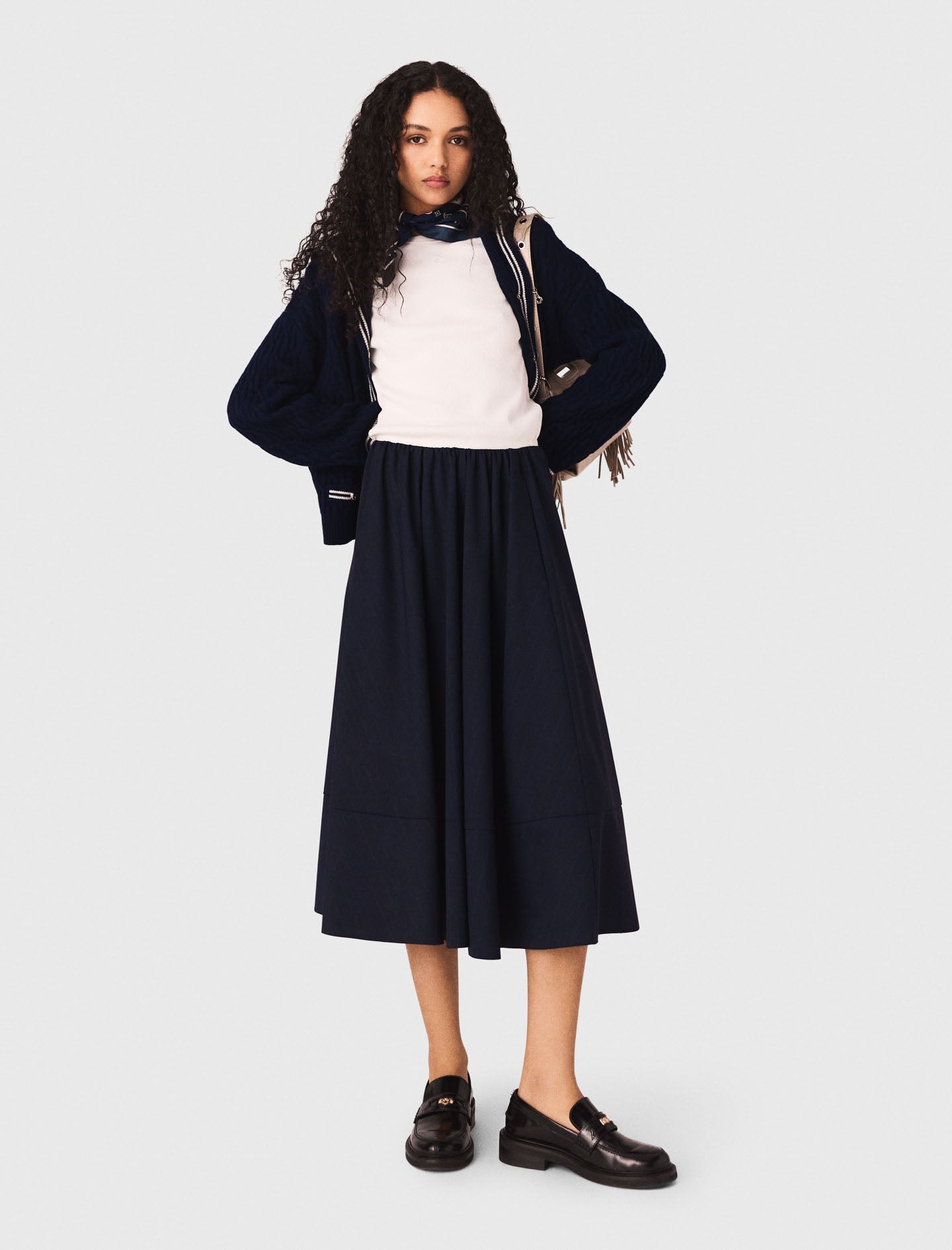 Striped Tailored Midi Skirt NAVY