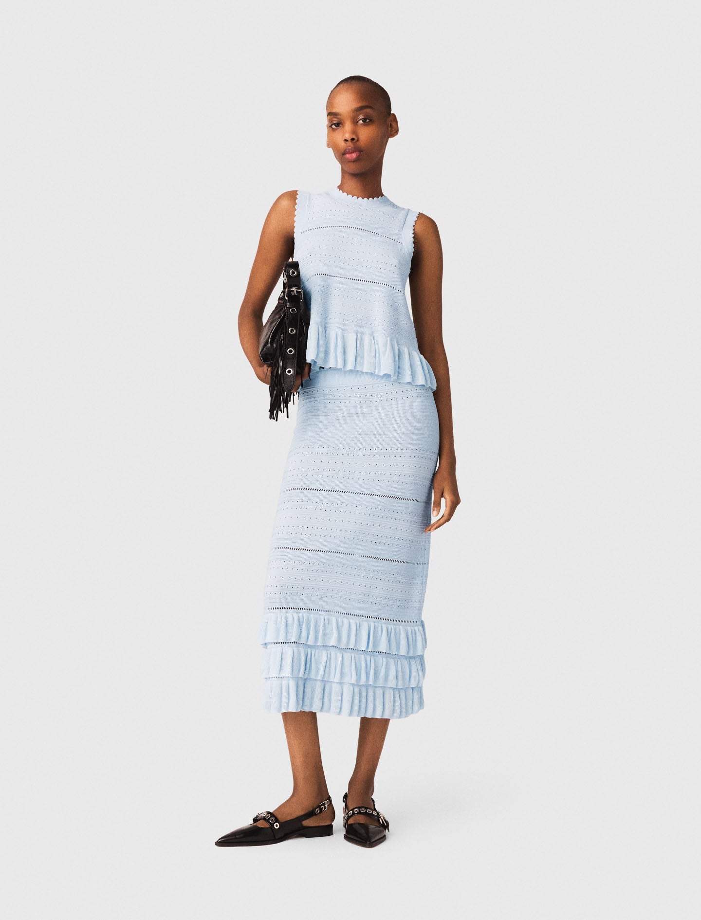 Long Ruffled Knit Skirt Blue Sky