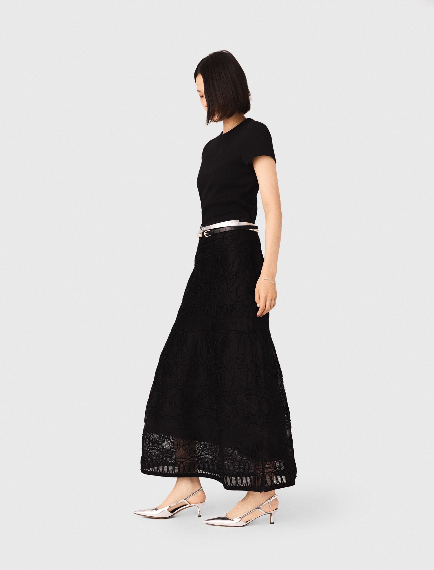 Embroidered Basket-Weave Knit Skirt Black
