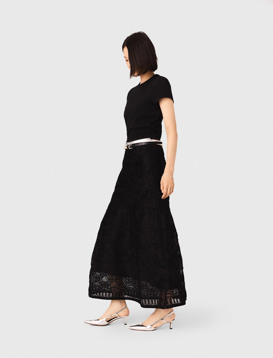Embroidered Basket-Weave Knit Skirt Black