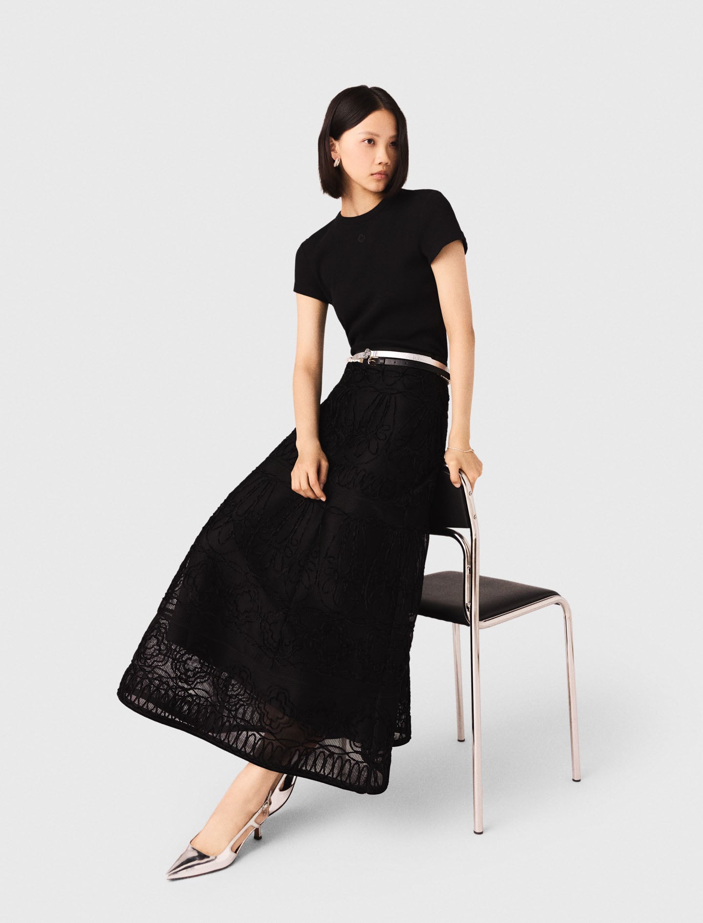 Embroidered Basket-Weave Knit Skirt Black