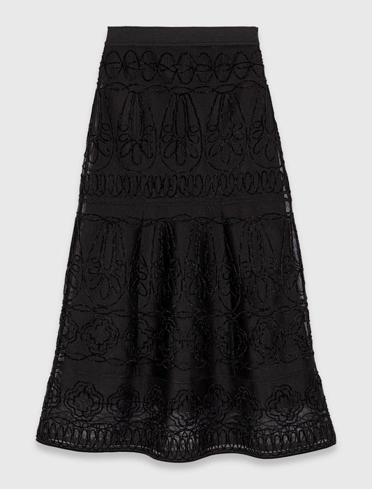 Embroidered Basket-Weave Knit Skirt Black