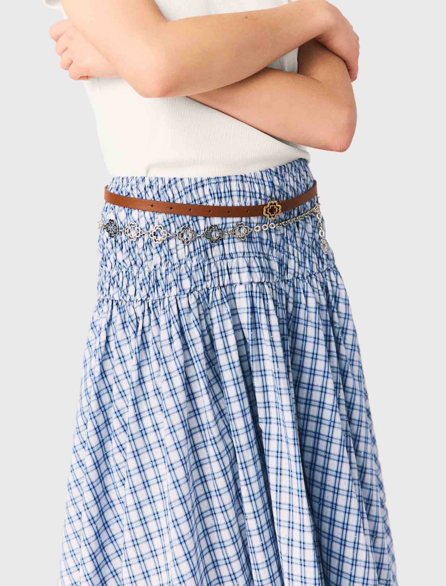 Rhinestone Cotton Maxi Skirt Blue Check Print BLUE CHECK PRINT