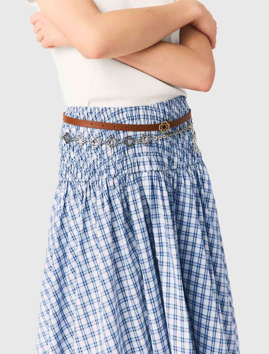 Rhinestone Cotton Maxi Skirt Blue Check Print BLUE CHECK PRINT