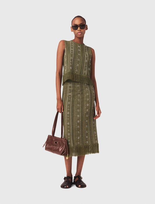 Knit Skirt With Rhinestone Flowers Khaki
