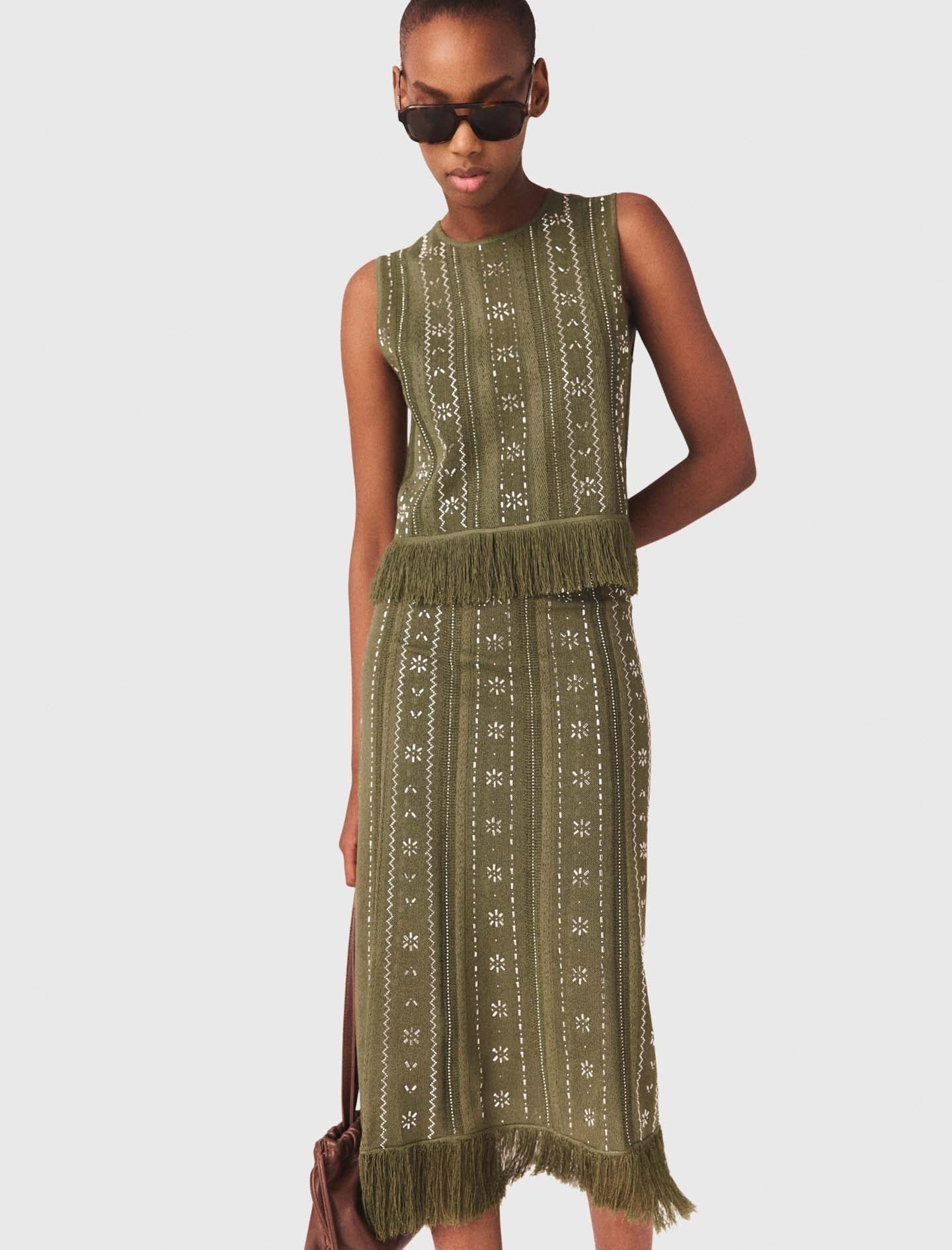 Knit Skirt With Rhinestone Flowers Khaki